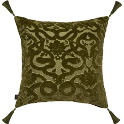 ANACONDA Large Tassel Cut-Velvet Cushion - Olive Green