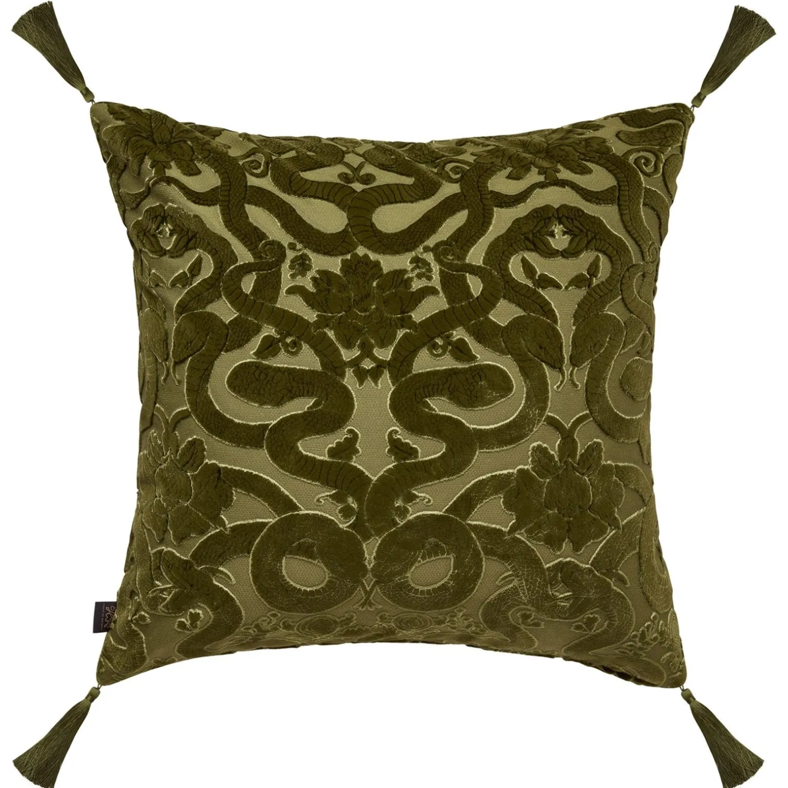 ANACONDA Large Tassel Cut-Velvet Cushion - Olive Green