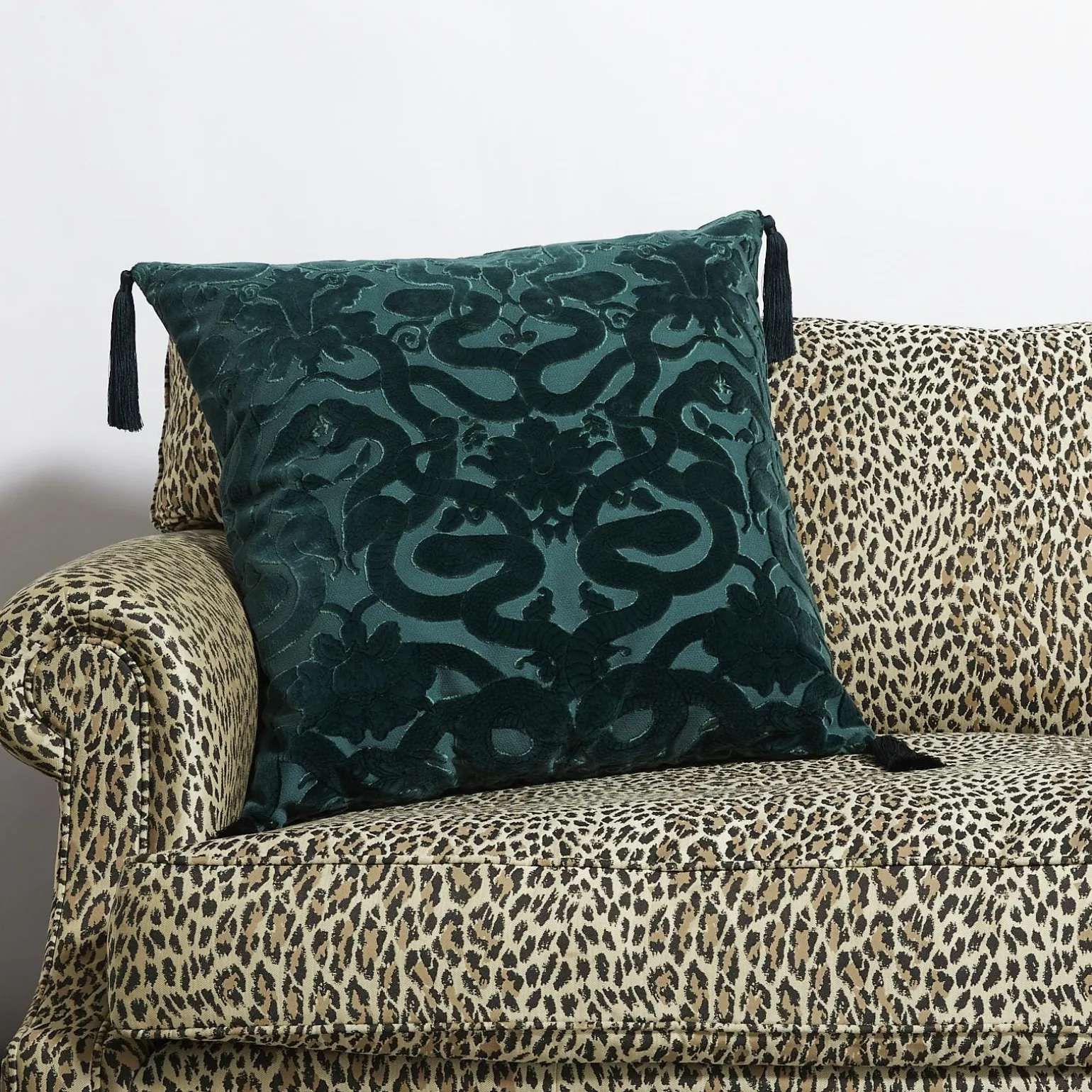 ANACONDA Large Tassel Cut-Velvet Cushion - Petrol