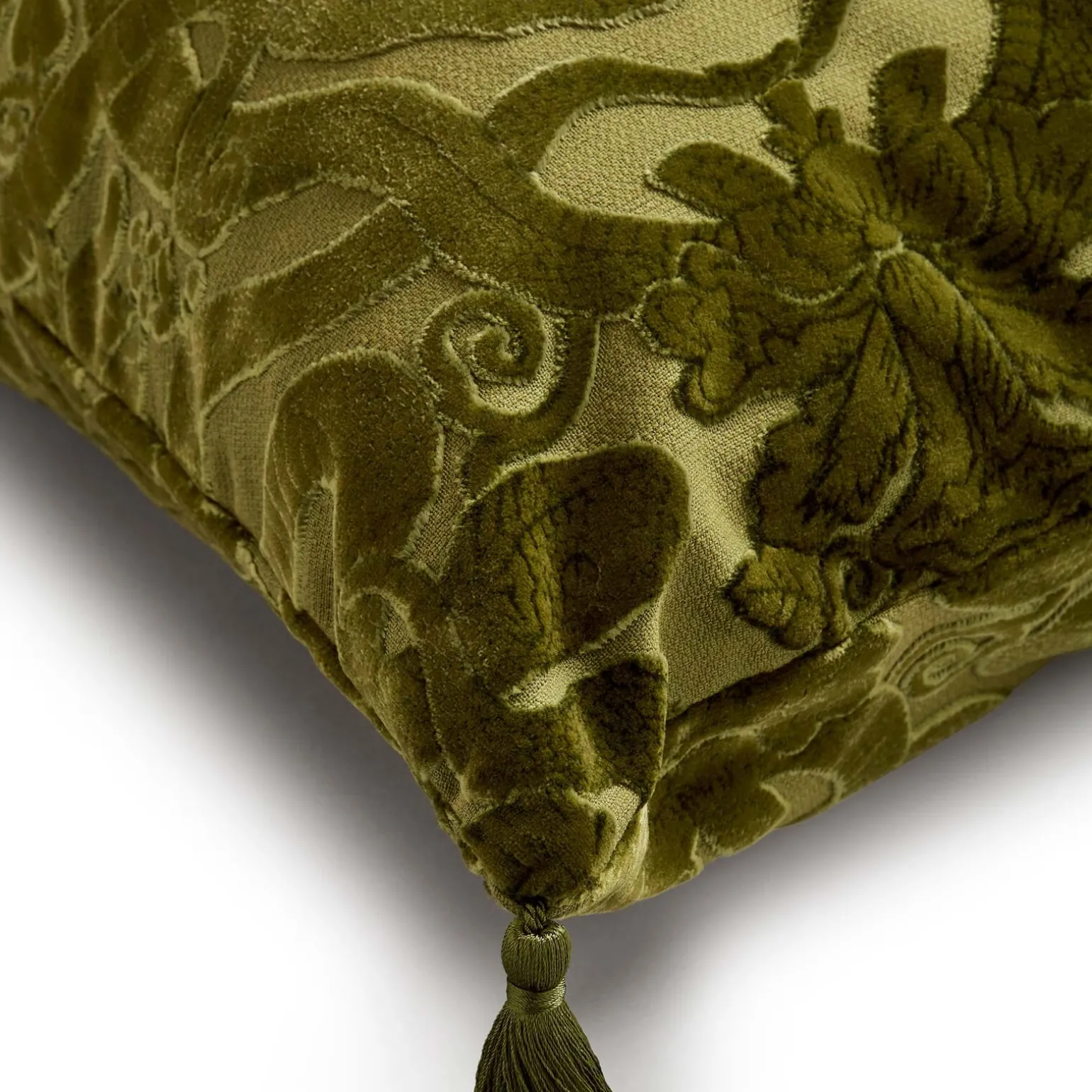 ANACONDA Large Tassel Cut-Velvet Cushion - Olive Green