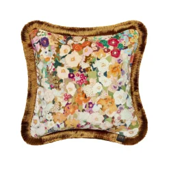 HOLLYHOCKS Medium Fringed Velvet Cushion - Spring