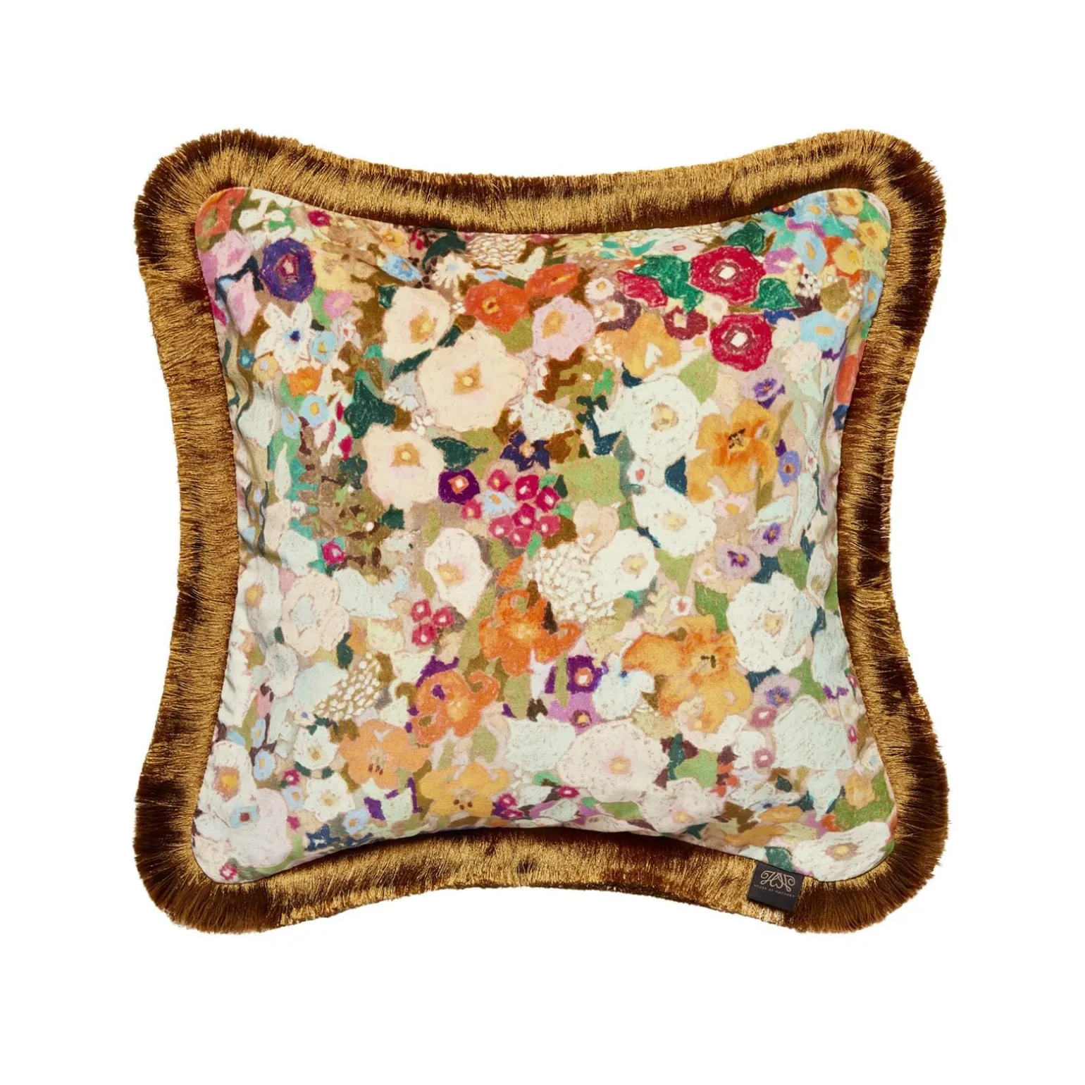 HOLLYHOCKS Medium Fringed Velvet Cushion - Spring