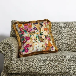 HOLLYHOCKS Medium Fringed Velvet Cushion - Spring