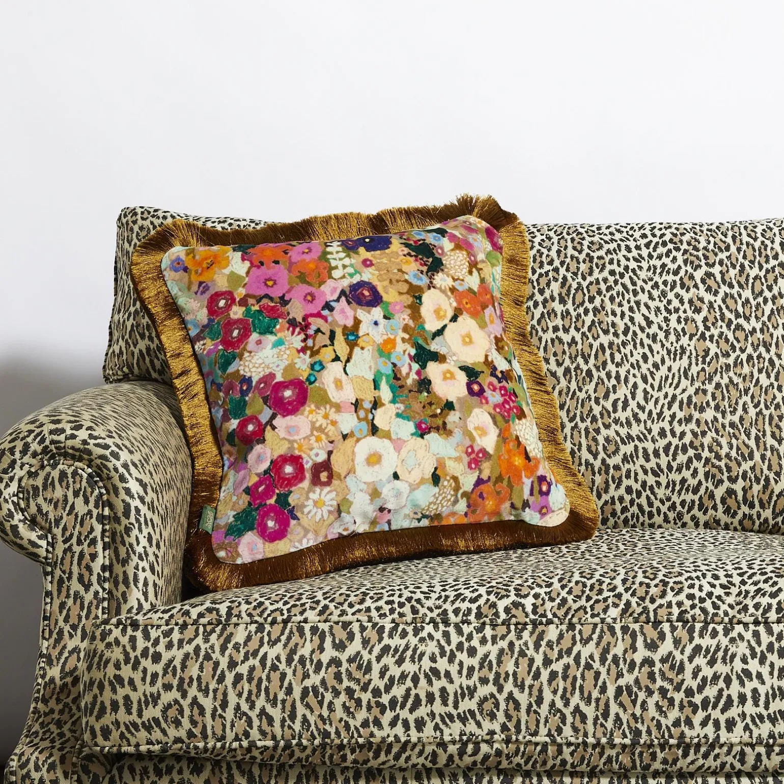 HOLLYHOCKS Medium Fringed Velvet Cushion - Spring