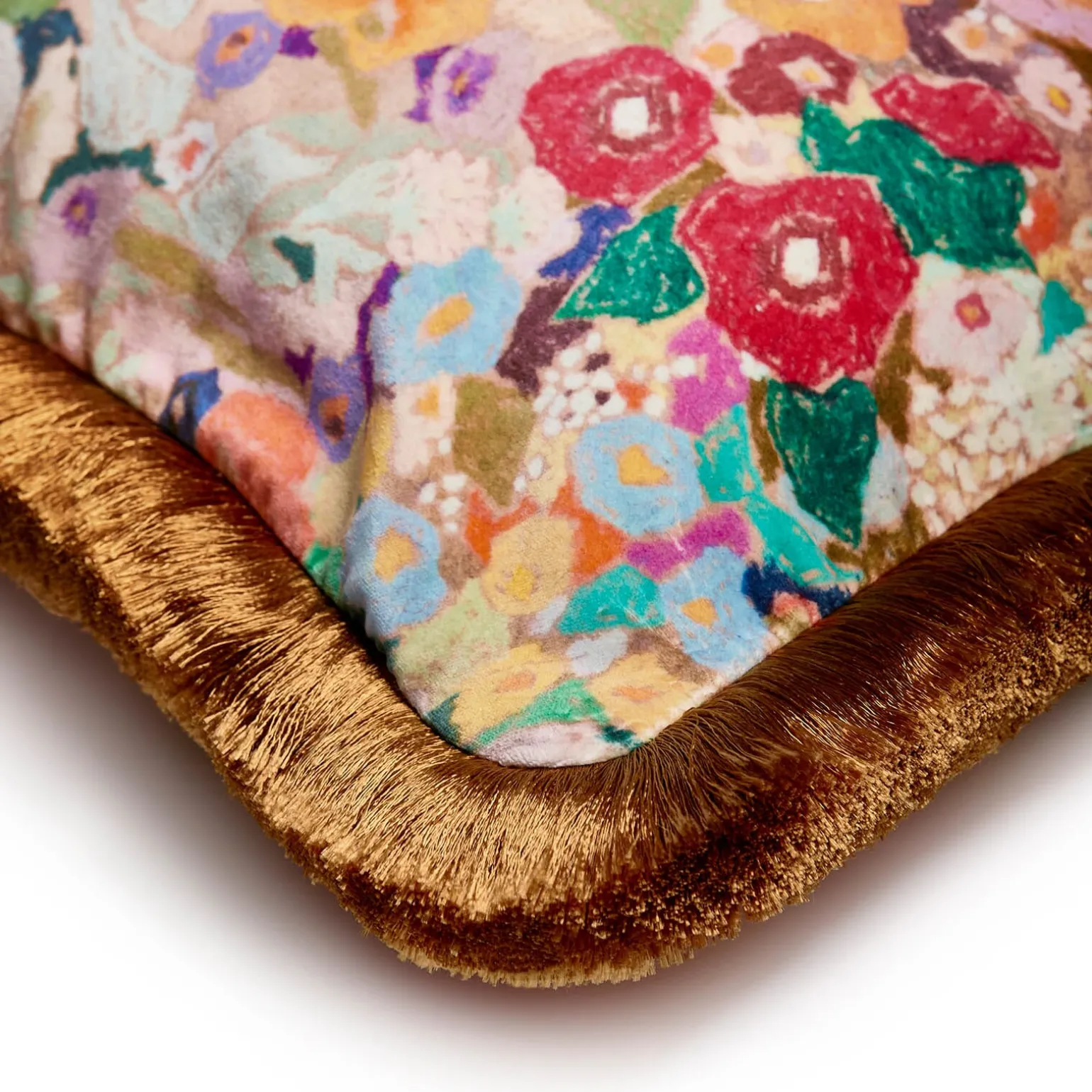 HOLLYHOCKS Medium Fringed Velvet Cushion - Spring