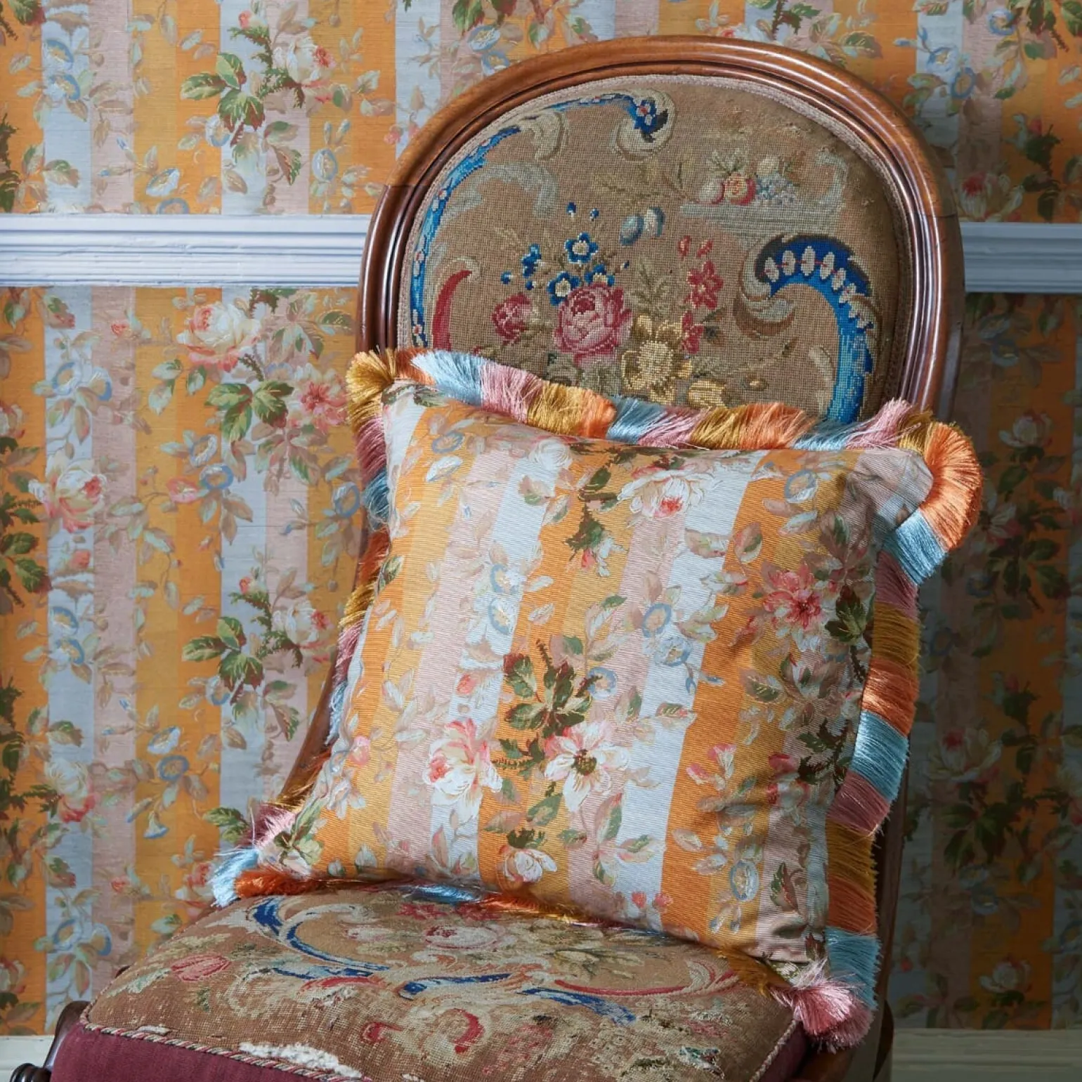 RAINBOW ROSE Medium Fringed Cotton Linen Cushion - Dusk Stripe