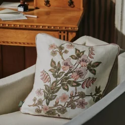 THE DANCING ORCHIDS Medium Piped Hemp Cushion - Ecru