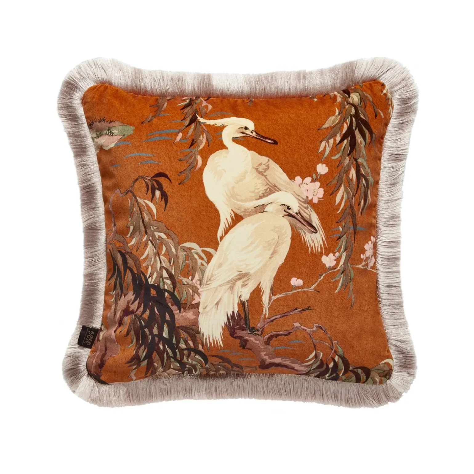 ZEUS Medium Fringed Velvet Cushion - Tobacco